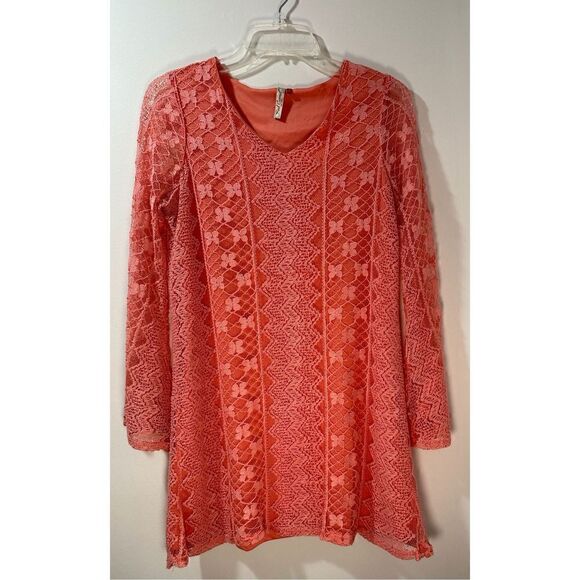 Red Camel women’s coral long bell sleeve lace dress size Medium #32-0813 - Picture 1 of 5